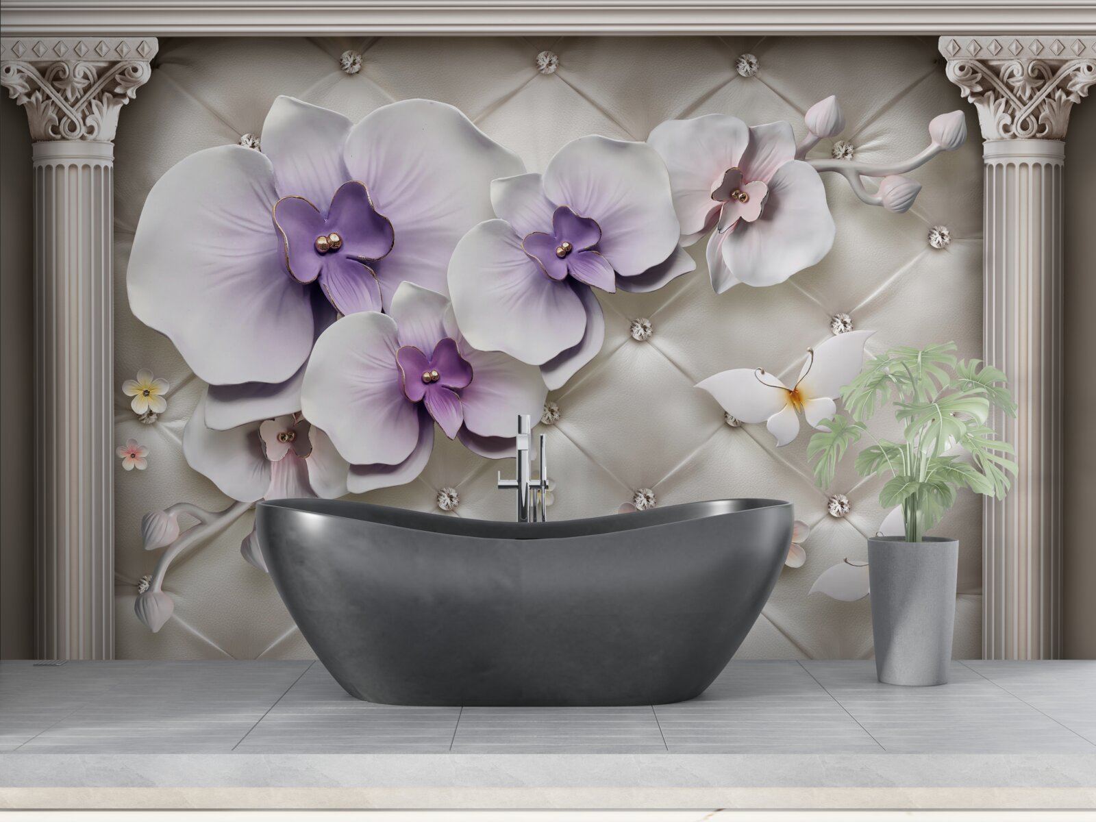 Papier peint Orchidée blanche décorée d'or et de perles