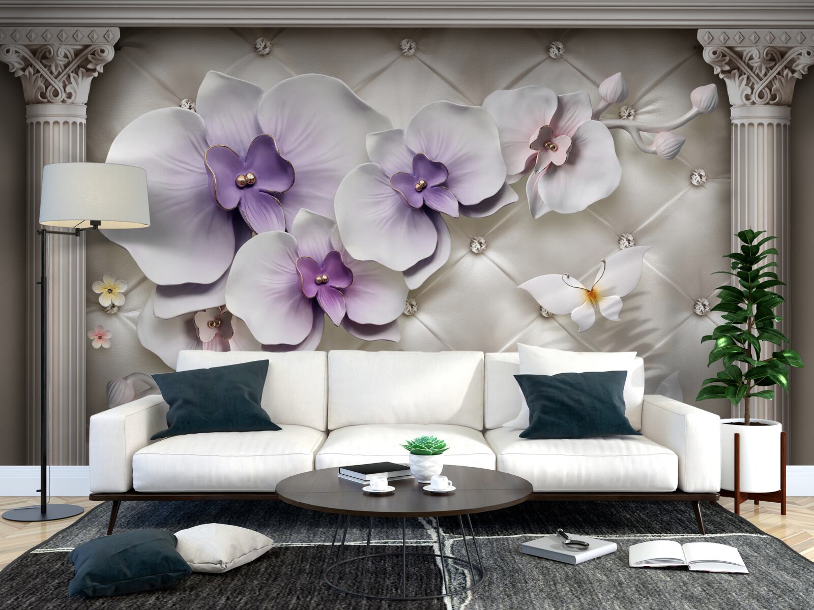 Papier peint Orchidée blanche décorée d'or et de perles