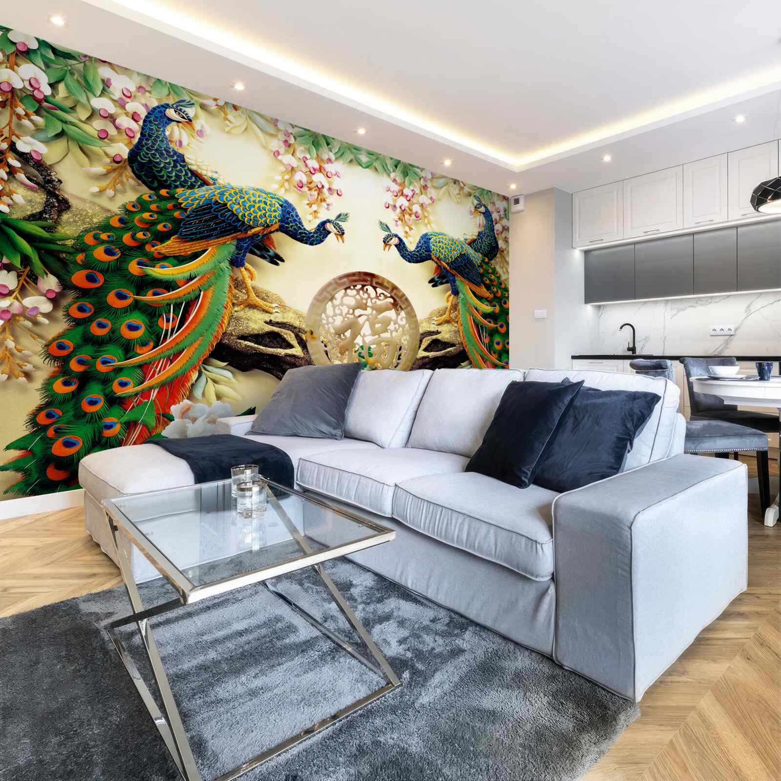 Papier peint de magnifiques paons se reposent sur un arbre décoré de fleurs