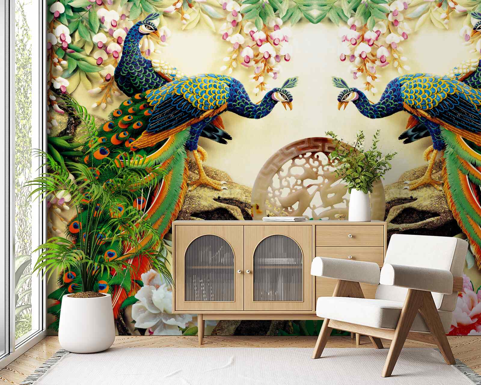 Papier peint de magnifiques paons se reposent sur un arbre décoré de fleurs