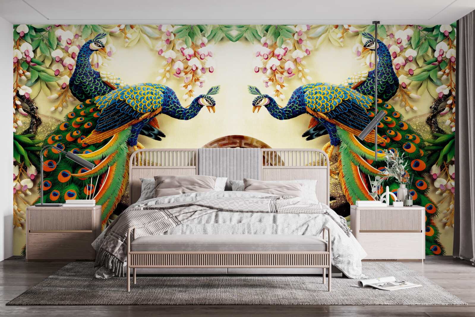 Papier peint de magnifiques paons se reposent sur un arbre décoré de fleurs