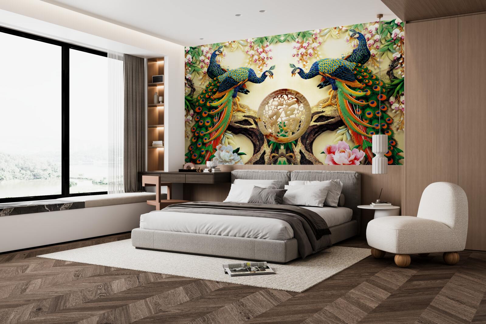 Papier peint de magnifiques paons se reposent sur un arbre décoré de fleurs