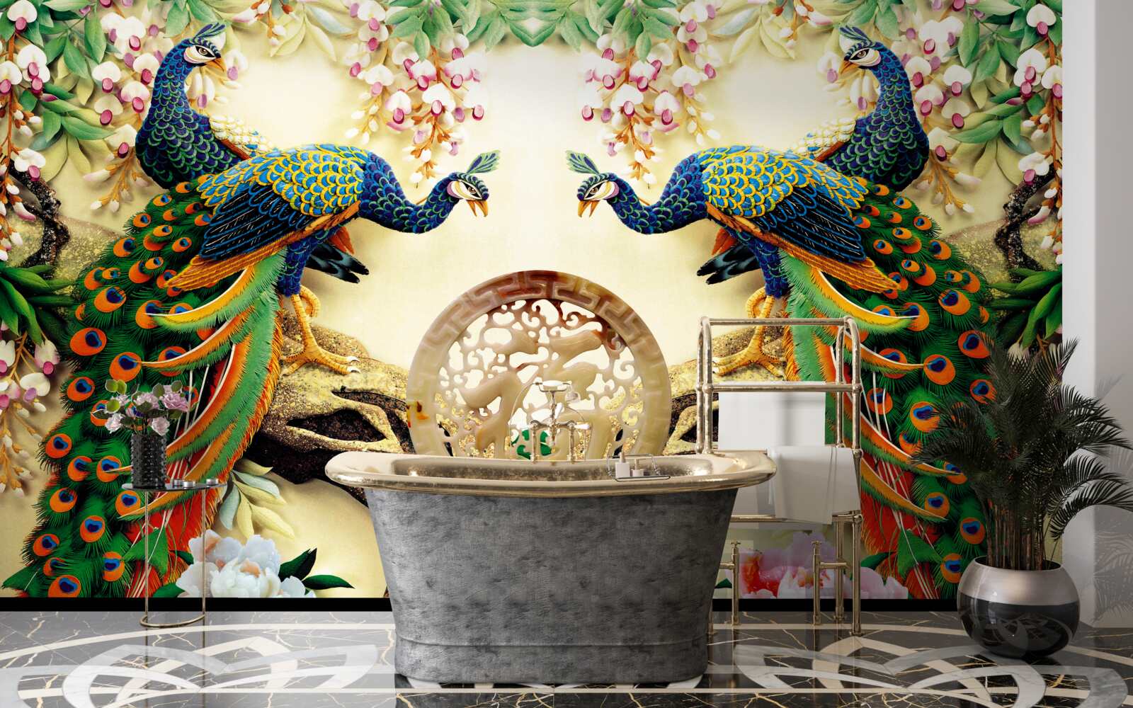 Papier peint de magnifiques paons se reposent sur un arbre décoré de fleurs
