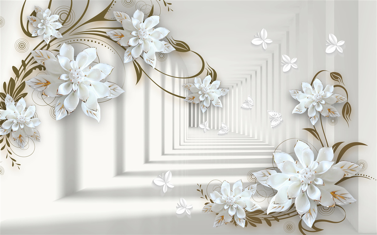 Papier peint le long du panorama du tunnel s'étendent les branches dorées des magnolias