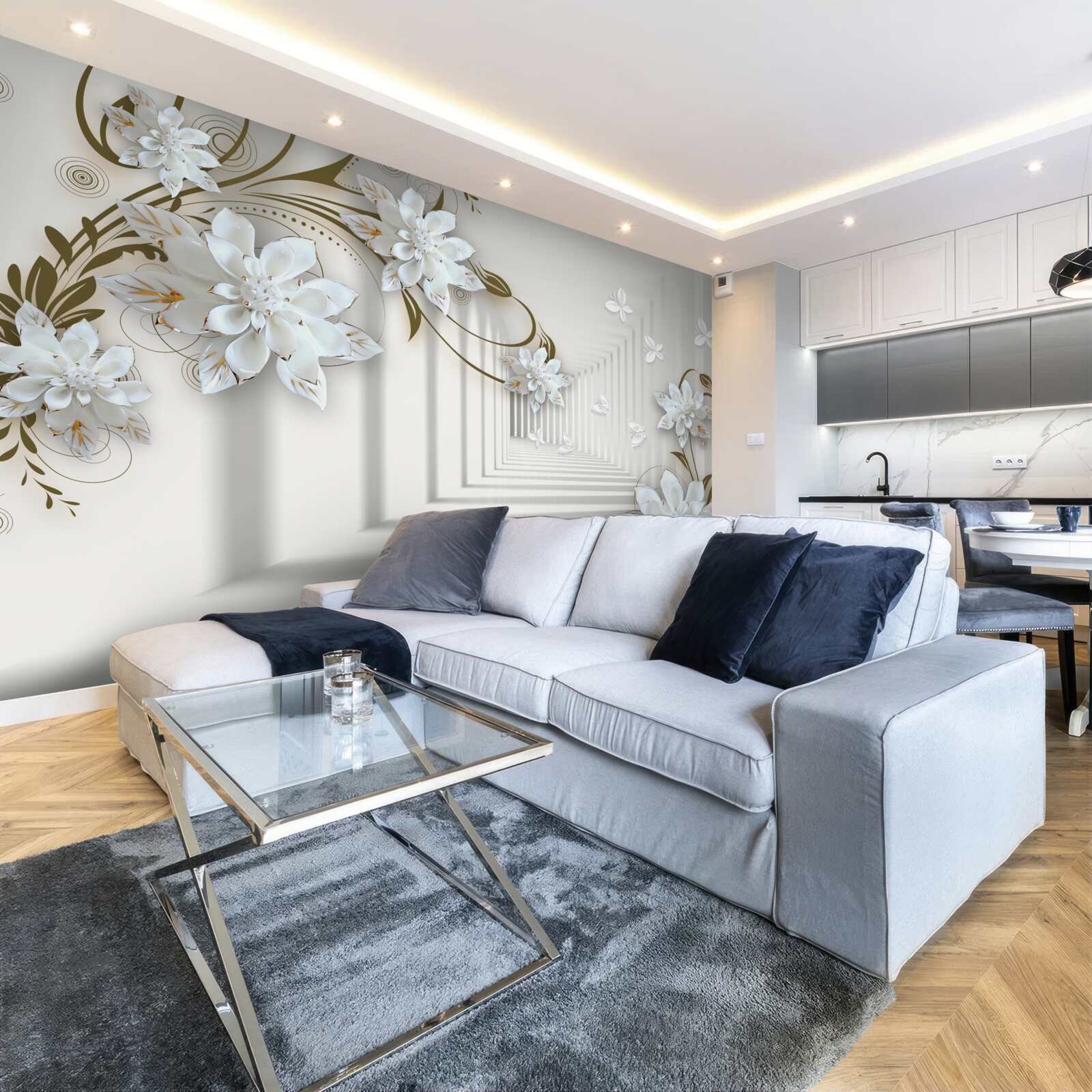 Papier peint le long du panorama du tunnel s'étendent les branches dorées des magnolias