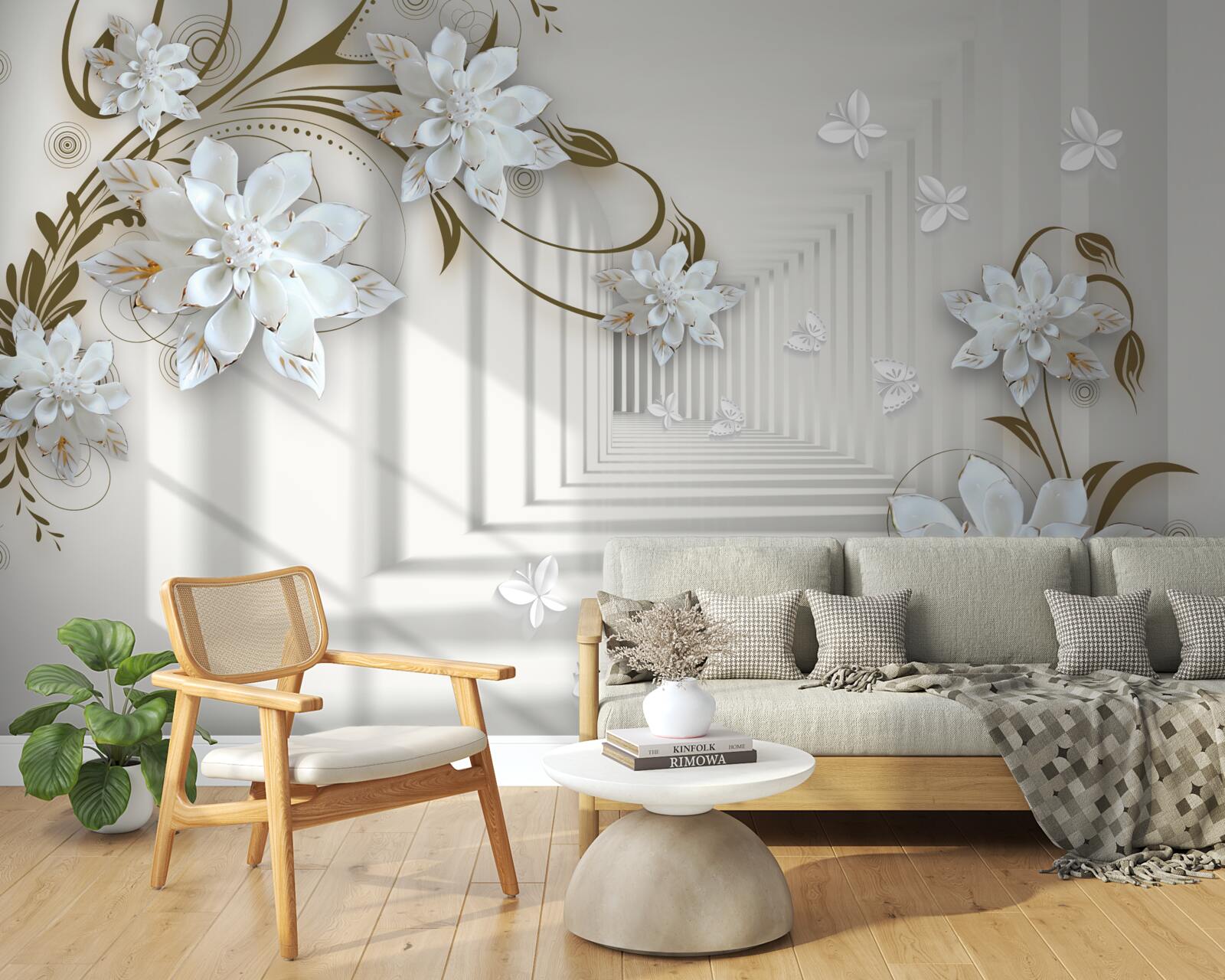 Papier peint le long du panorama du tunnel s'étendent les branches dorées des magnolias