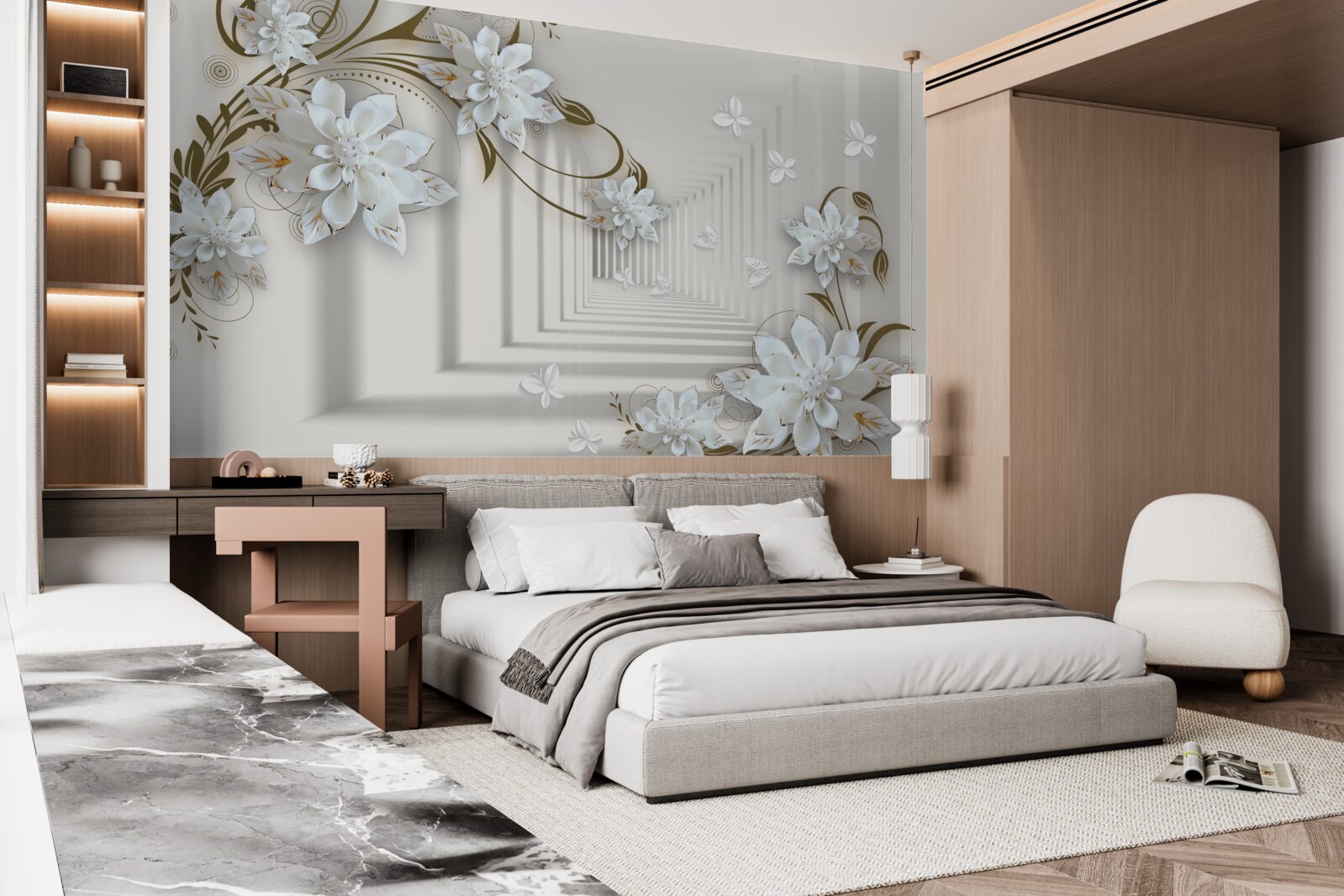 Papier peint le long du panorama du tunnel s'étendent les branches dorées des magnolias