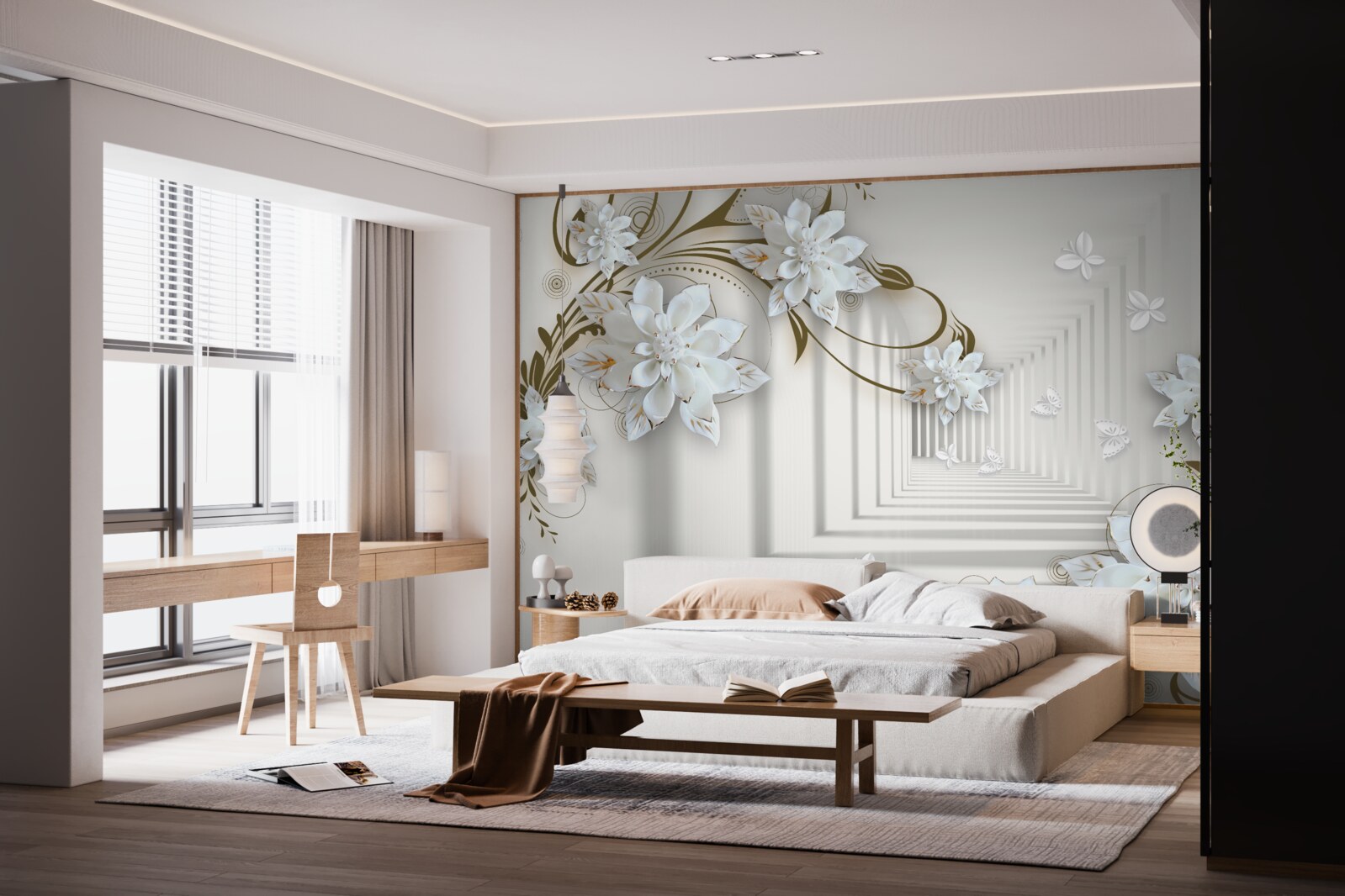 Papier peint le long du panorama du tunnel s'étendent les branches dorées des magnolias