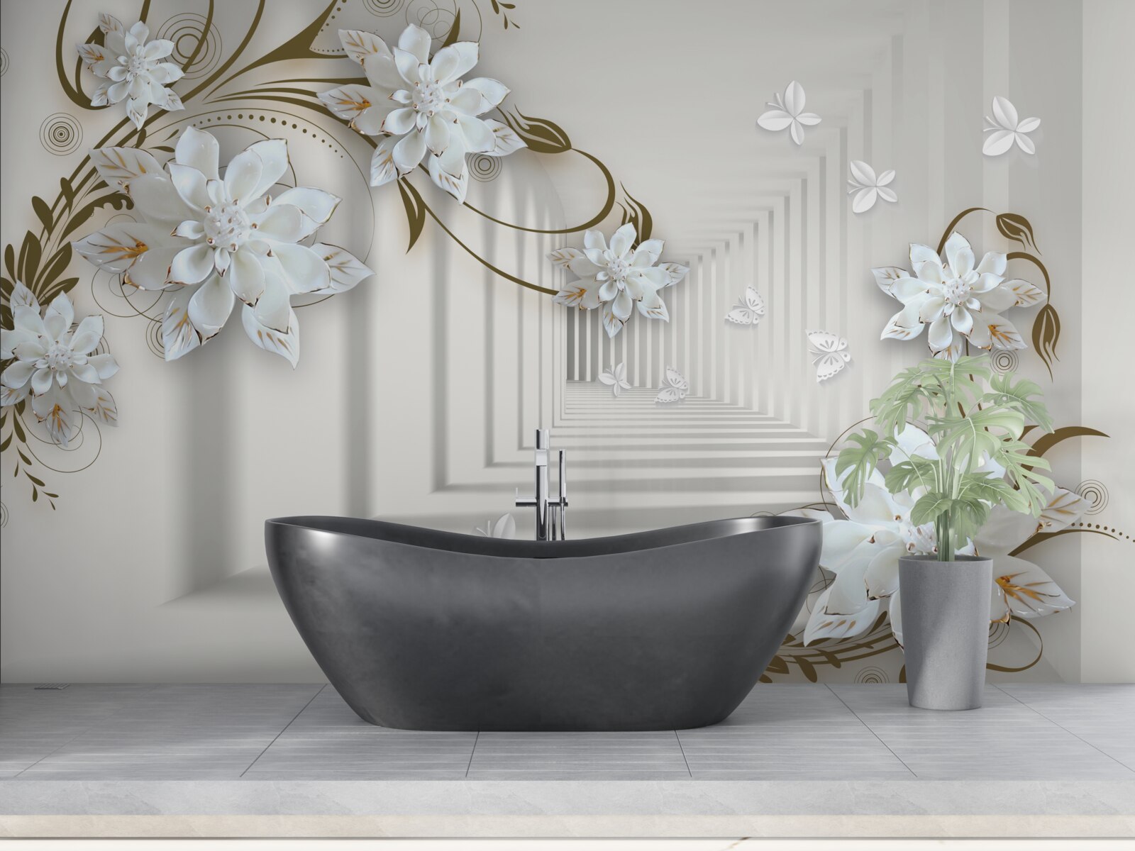 Papier peint le long du panorama du tunnel s'étendent les branches dorées des magnolias