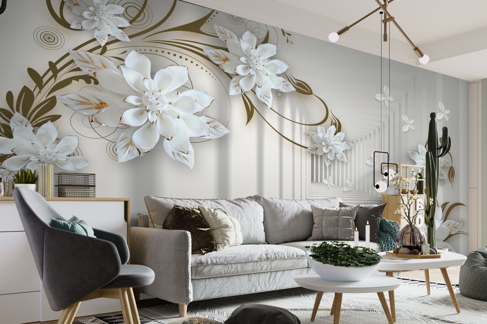 Papier peint le long du panorama du tunnel s'étendent les branches dorées des magnolias