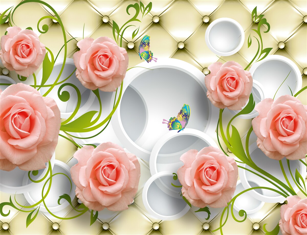 Papier peint une rose rose sur fond beige sur une branche