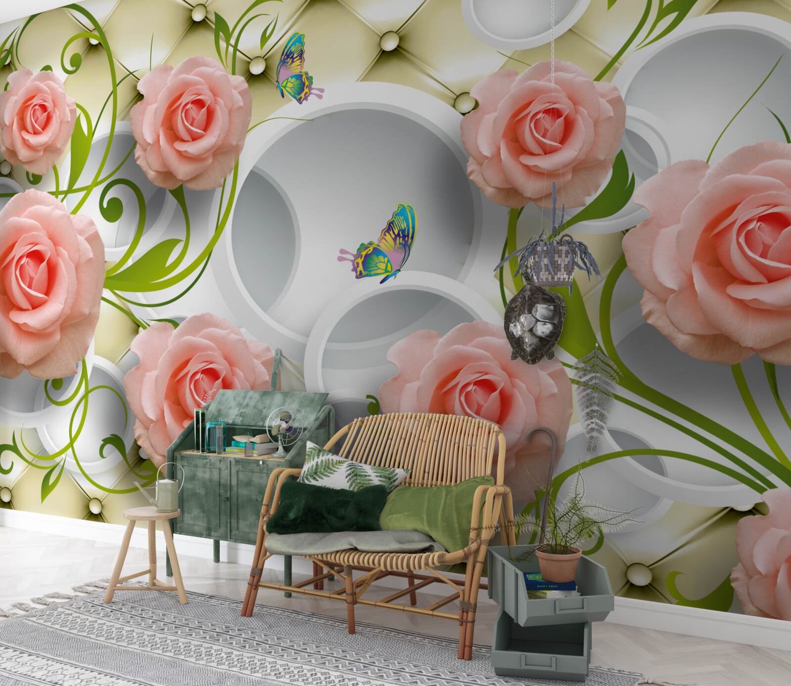 Papier peint une rose rose sur fond beige sur une branche