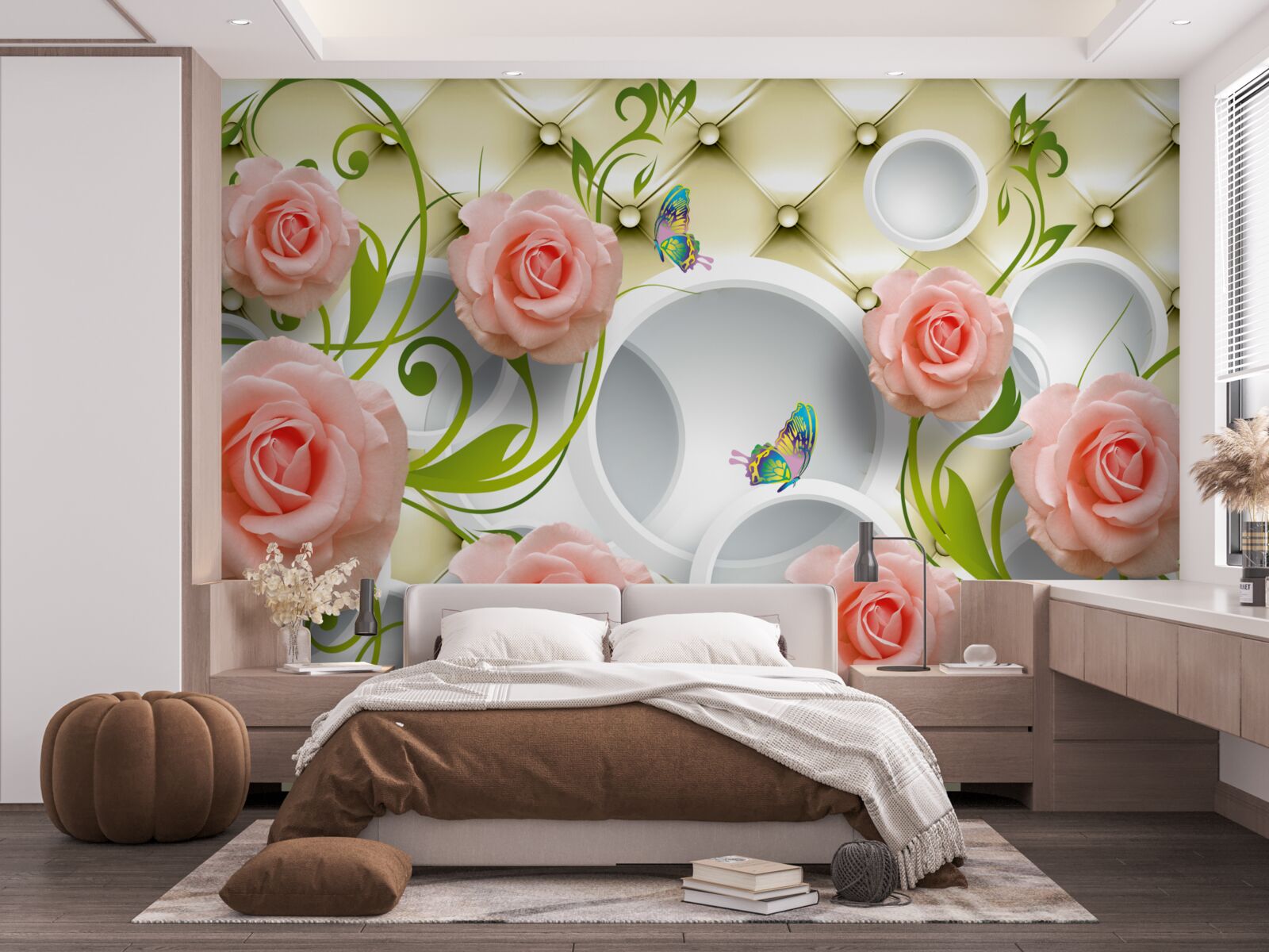 Papier peint une rose rose sur fond beige sur une branche