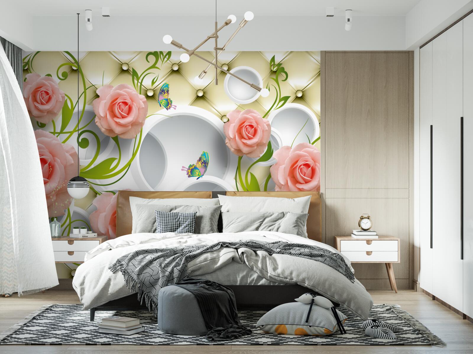 Papier peint une rose rose sur fond beige sur une branche