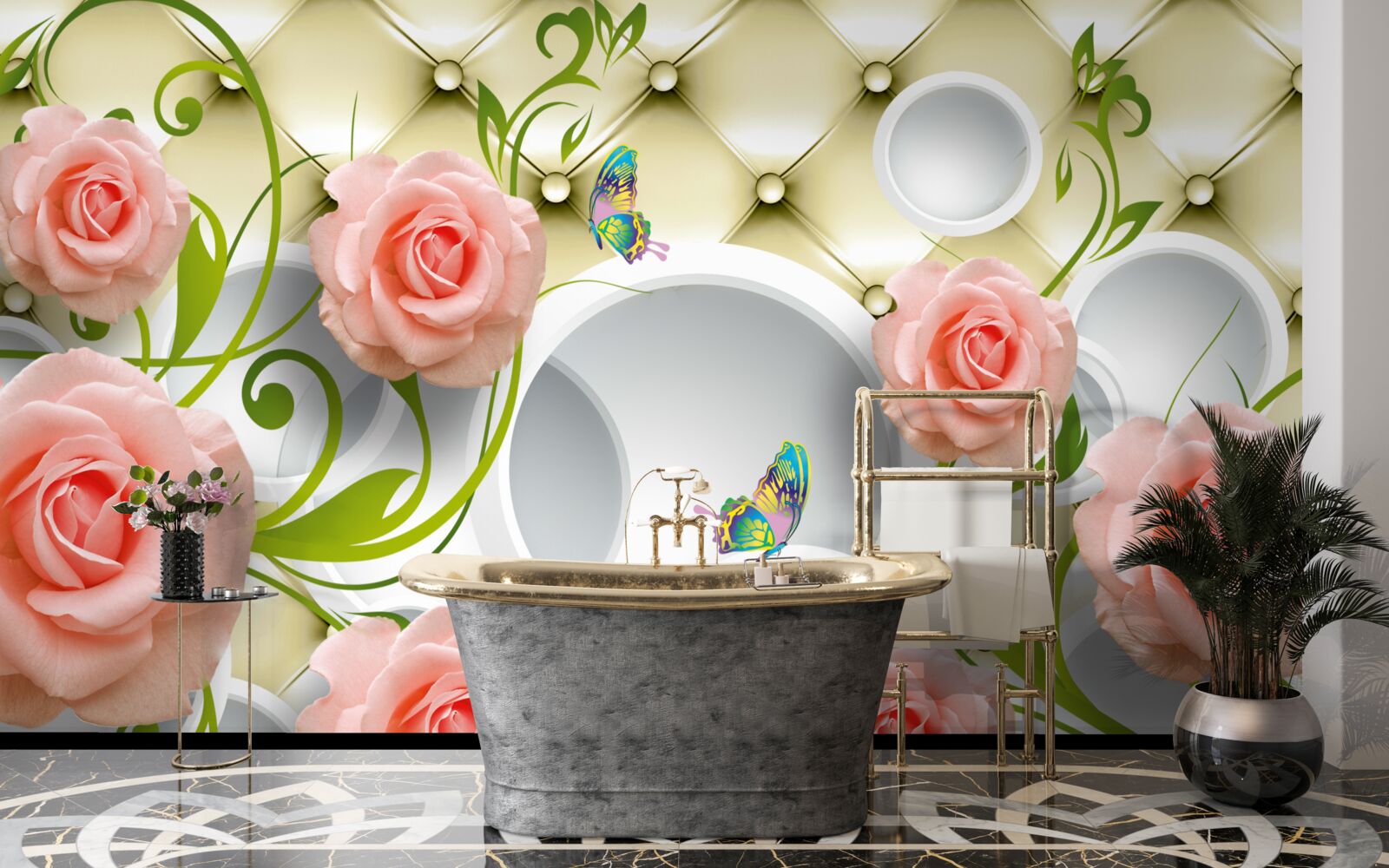 Papier peint une rose rose sur fond beige sur une branche