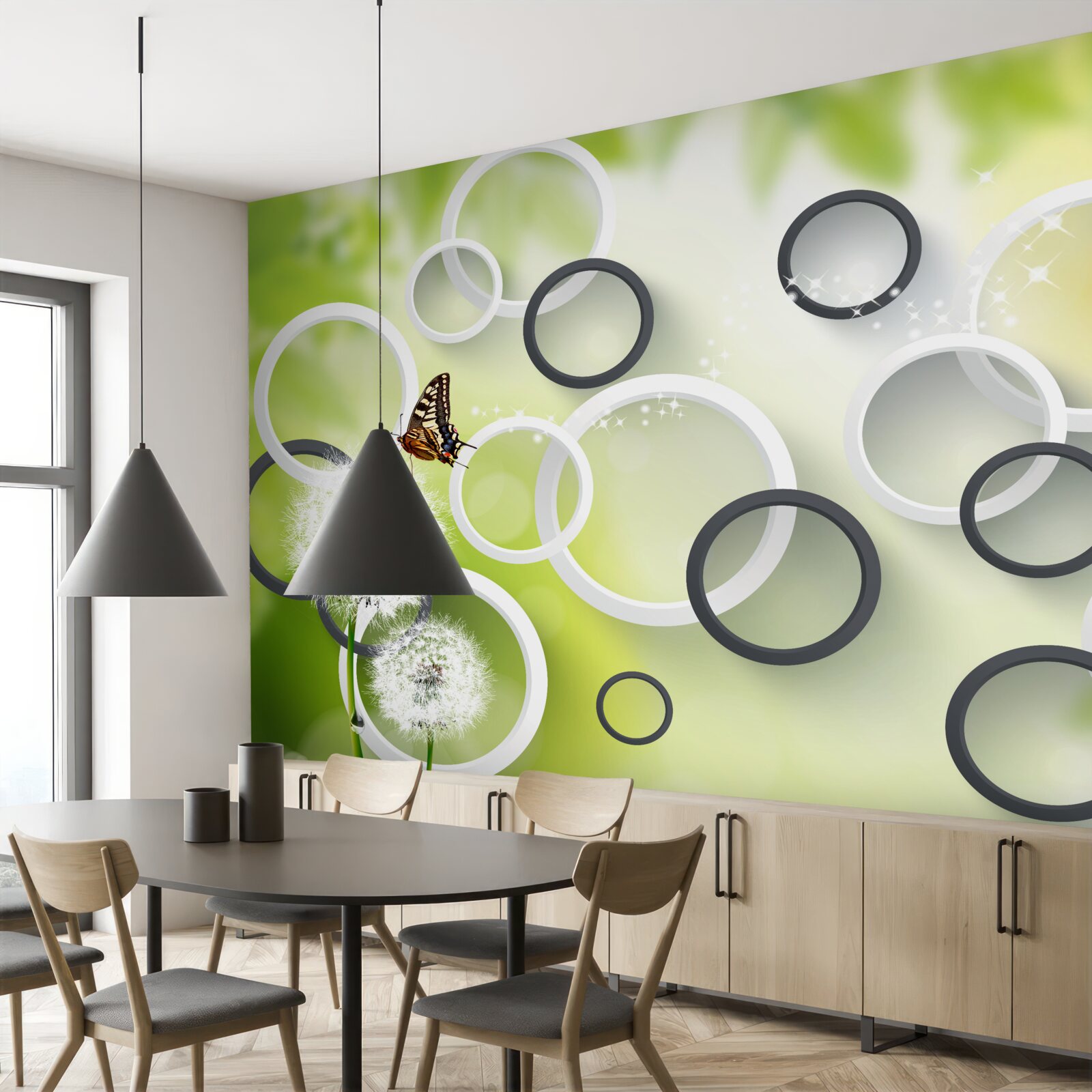 Papier peint sur fond de végétation verte, on peut voir l'asclépiade blanche et les papillons agités