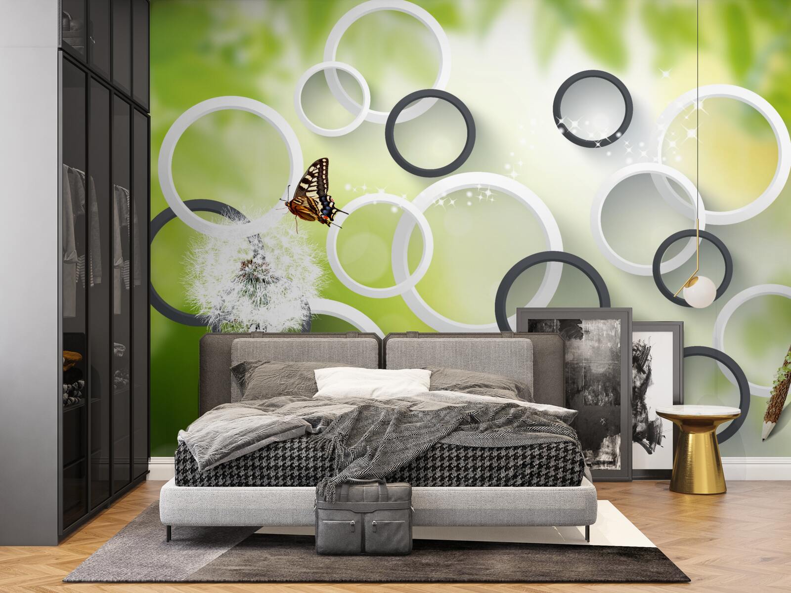 Papier peint sur fond de végétation verte, on peut voir l'asclépiade blanche et les papillons agités