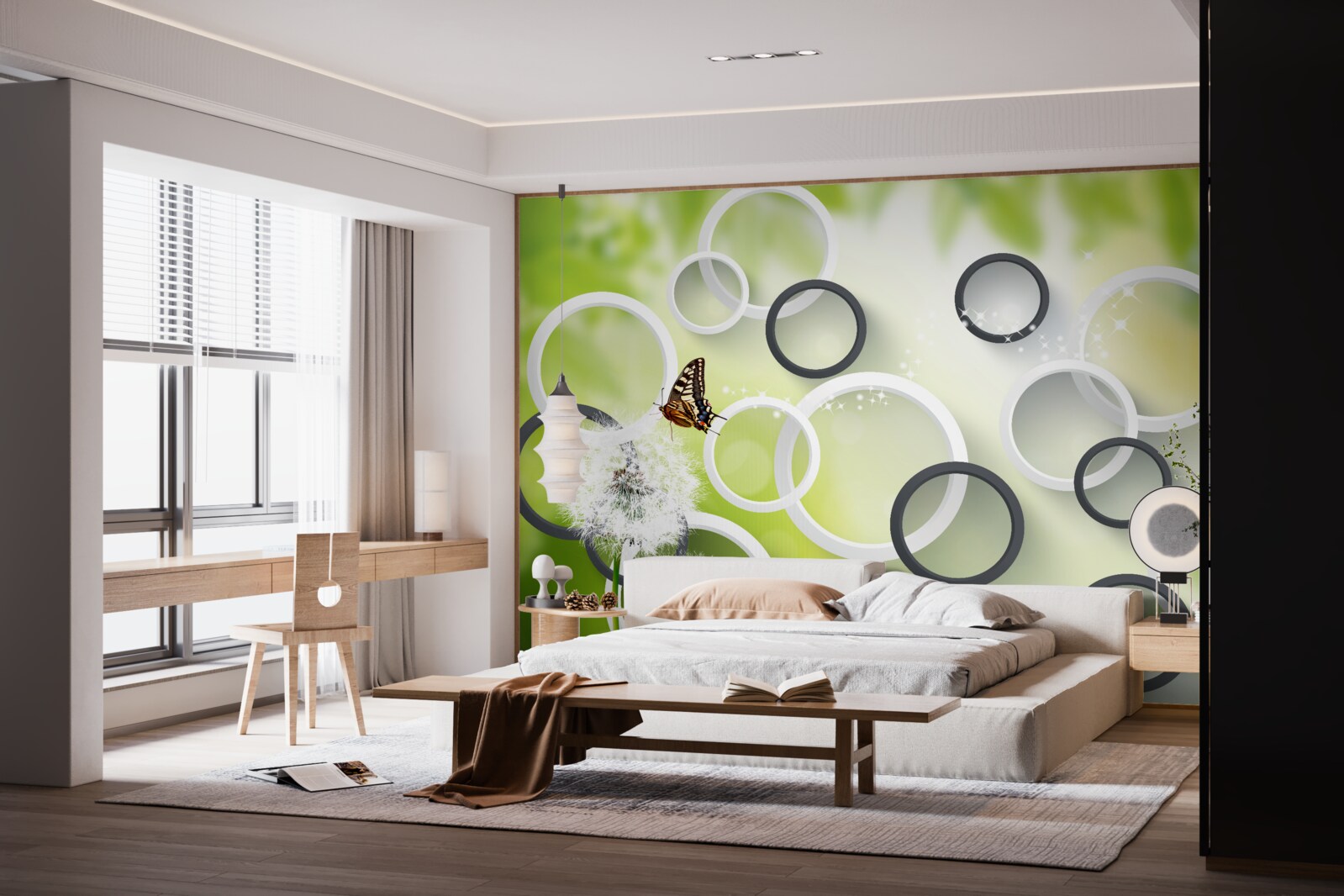 Papier peint sur fond de végétation verte, on peut voir l'asclépiade blanche et les papillons agités