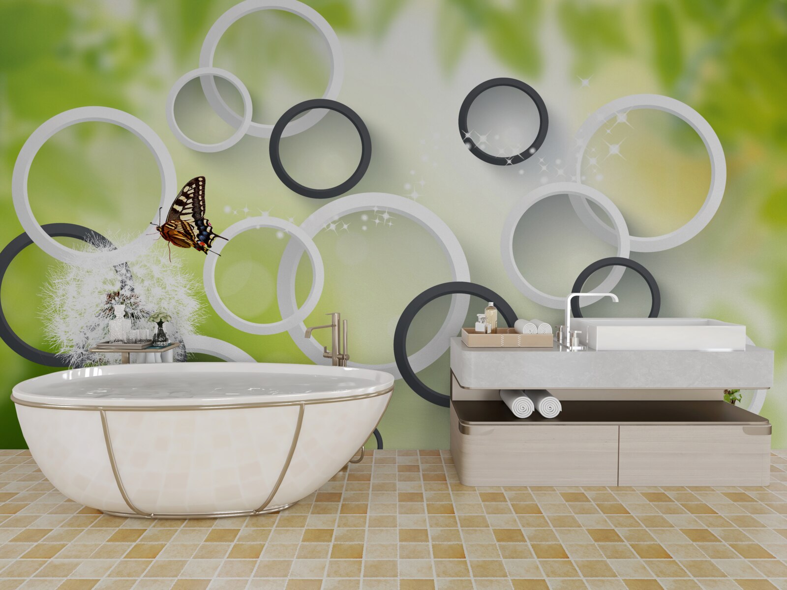 Papier peint sur fond de végétation verte, on peut voir l'asclépiade blanche et les papillons agités