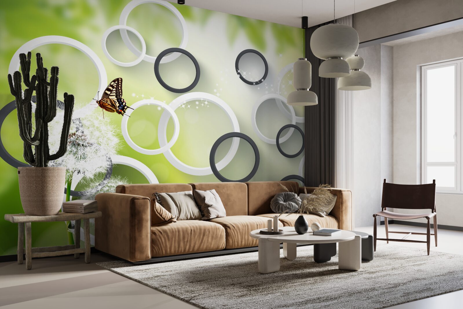 Papier peint sur fond de végétation verte, on peut voir l'asclépiade blanche et les papillons agités