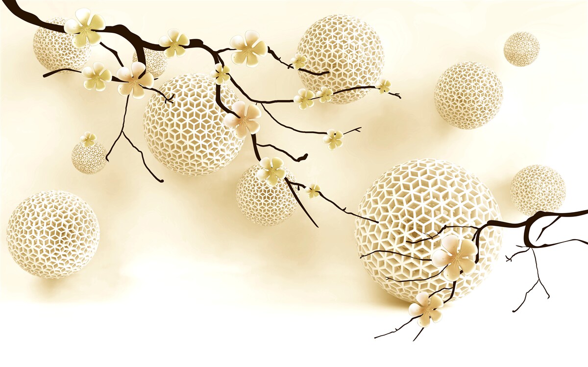 Papier peint bourgeons sur les branches et boules d'or