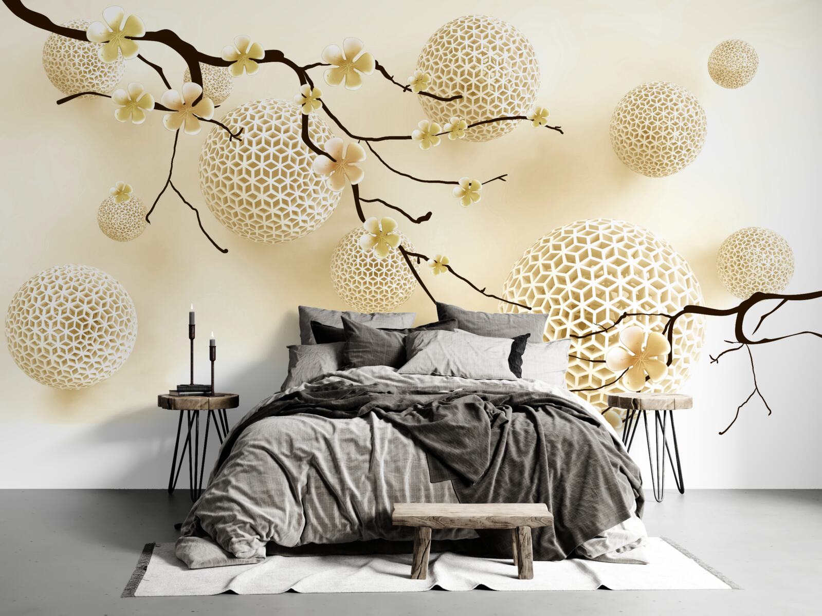 Papier peint bourgeons sur les branches et boules d'or
