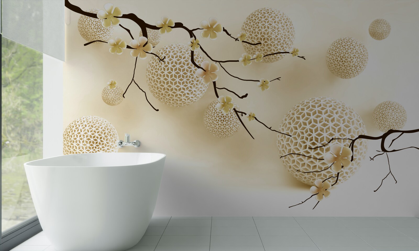 Papier peint bourgeons sur les branches et boules d'or