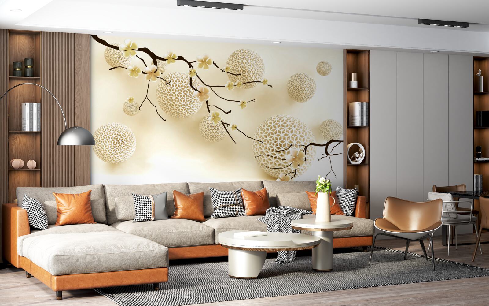 Papier peint bourgeons sur les branches et boules d'or