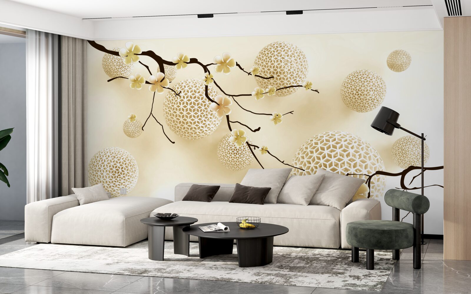 Papier peint bourgeons sur les branches et boules d'or