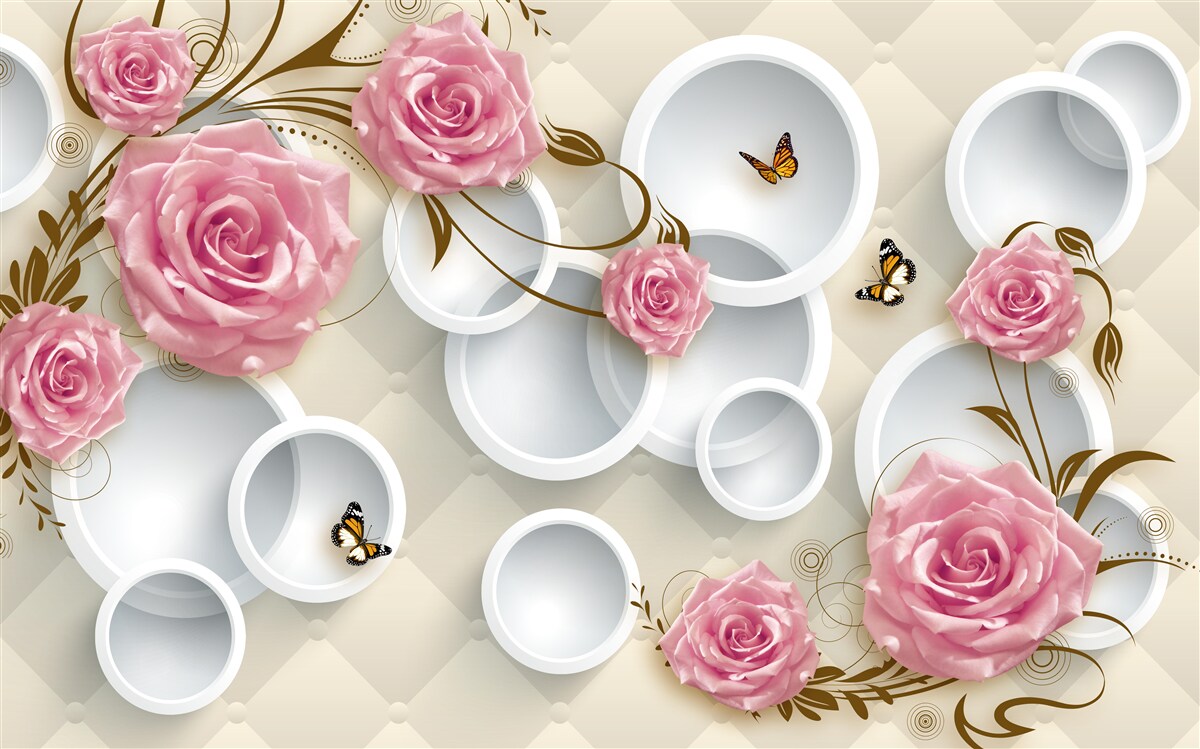 Papier peint sur un fond géométrique, une rose délicate dans un buisson rose