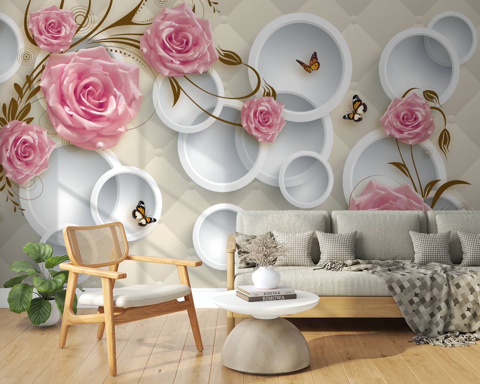 Papier peint sur un fond géométrique, une rose délicate dans un buisson rose