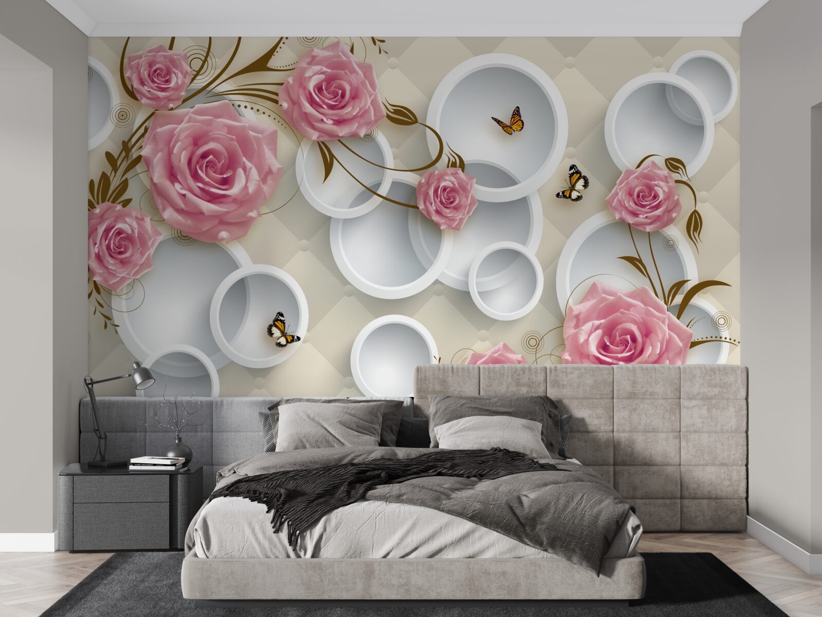 Papier peint sur un fond géométrique, une rose délicate dans un buisson rose