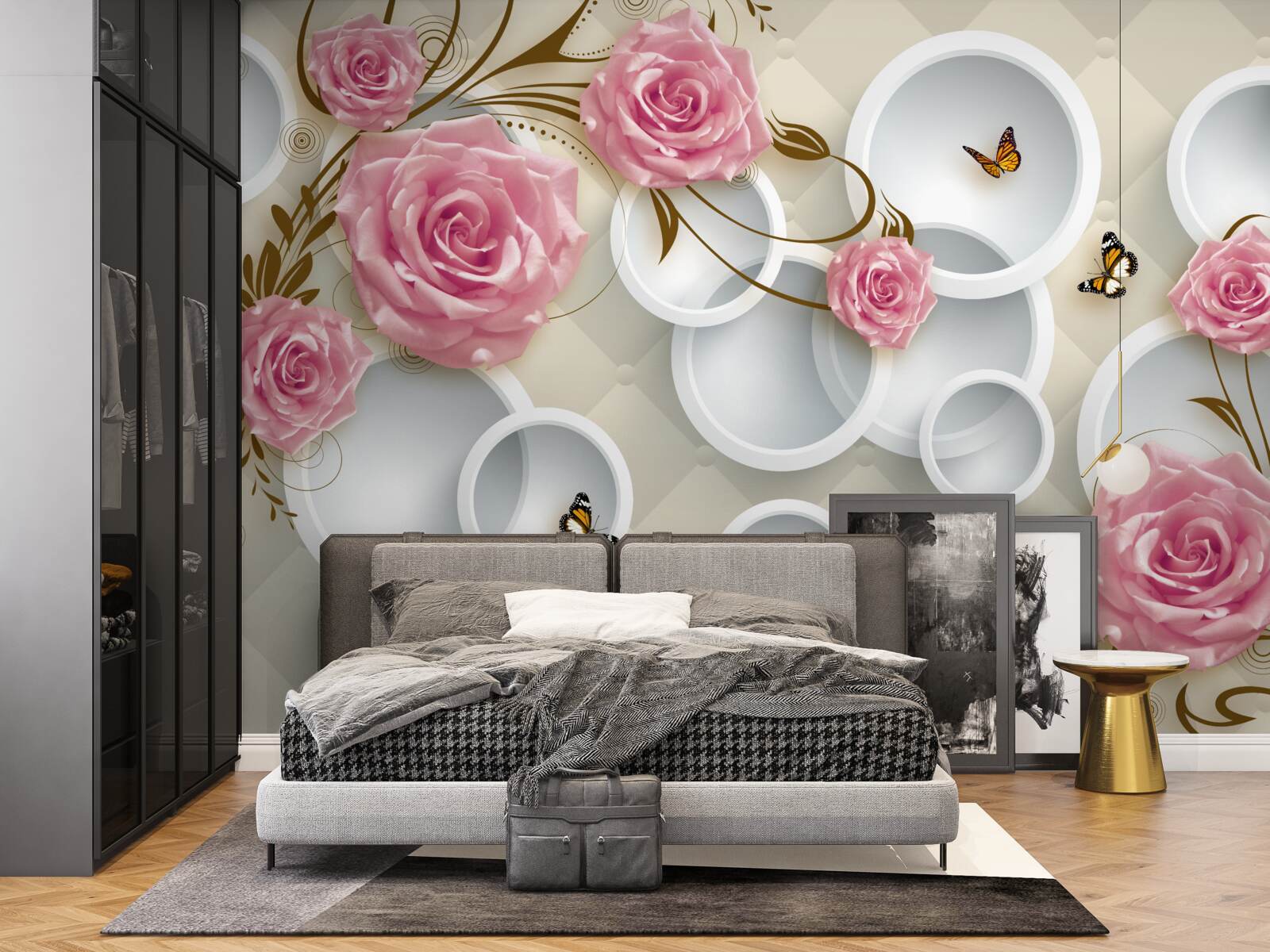 Papier peint sur un fond géométrique, une rose délicate dans un buisson rose