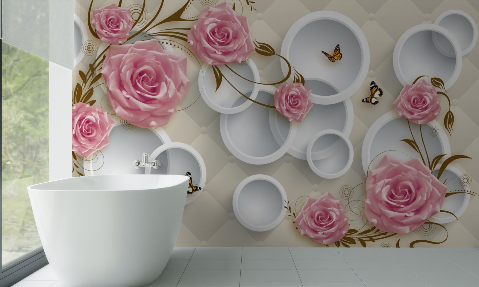 Papier peint sur un fond géométrique, une rose délicate dans un buisson rose