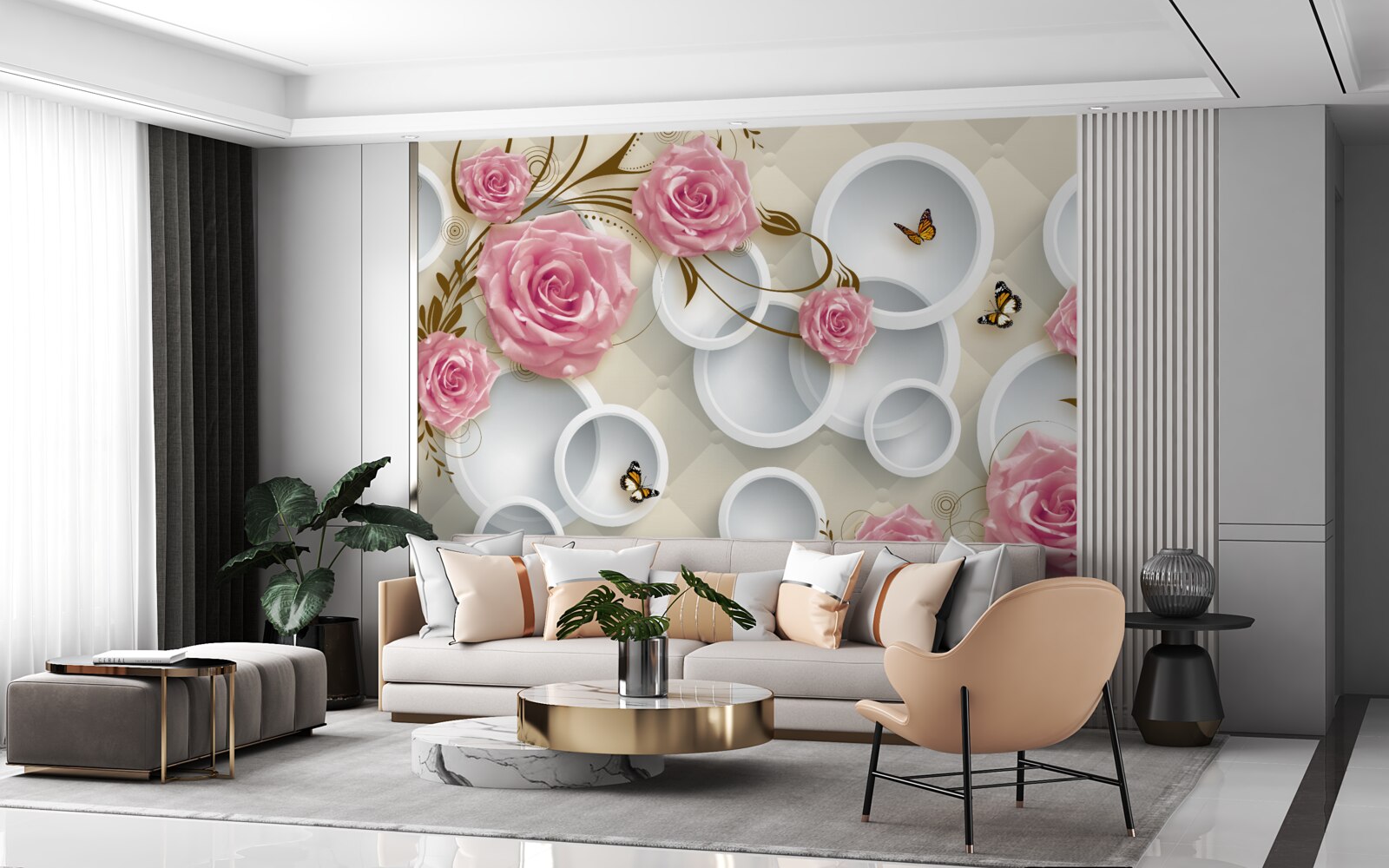 Papier peint sur un fond géométrique, une rose délicate dans un buisson rose