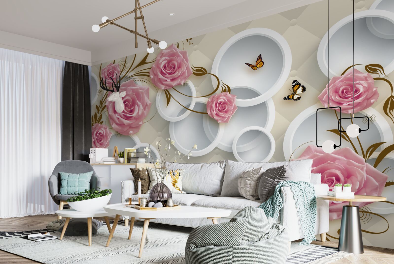 Papier peint sur un fond géométrique, une rose délicate dans un buisson rose