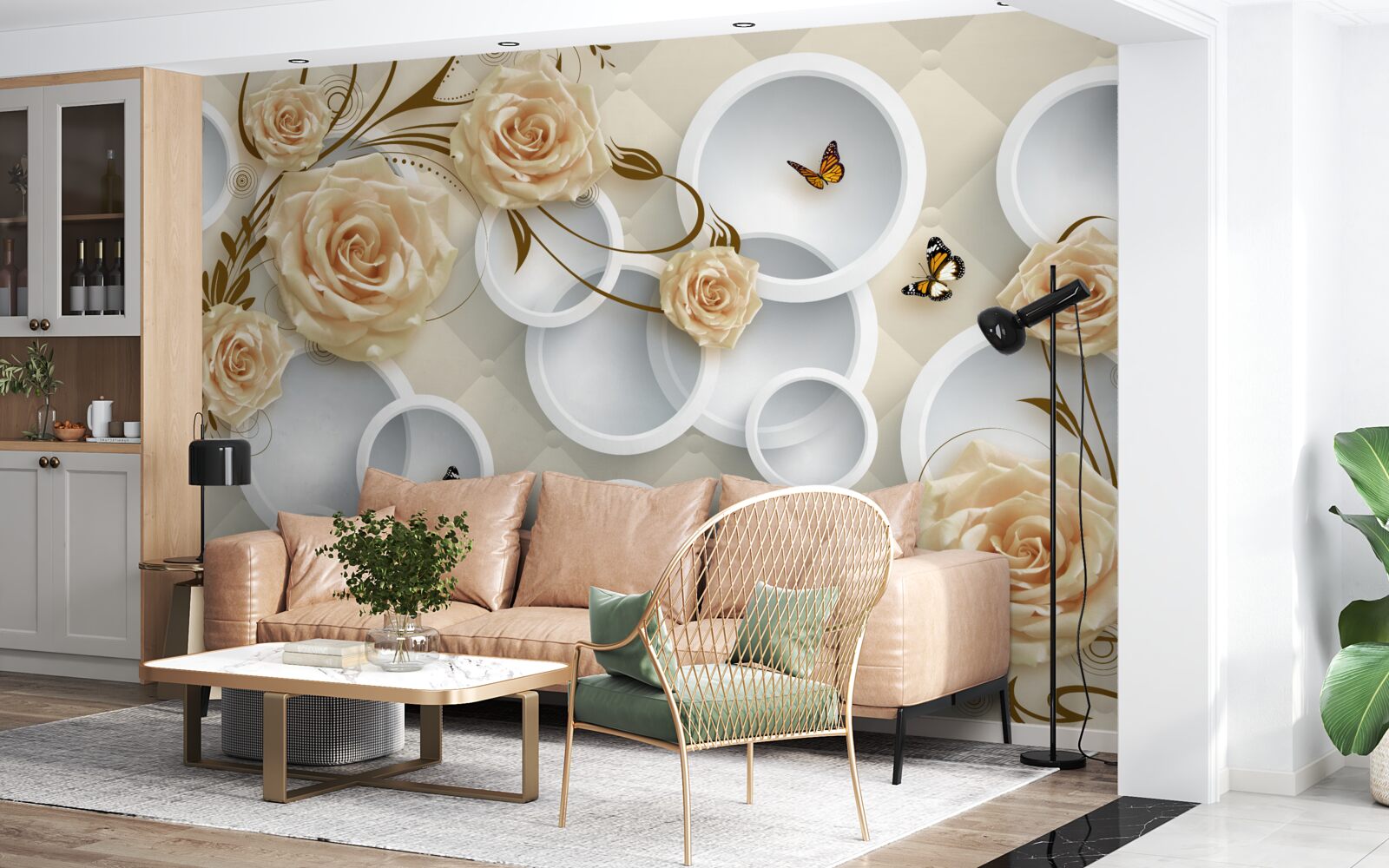 Papier peint brindilles en bronze rose avec décoration fantaisie en or