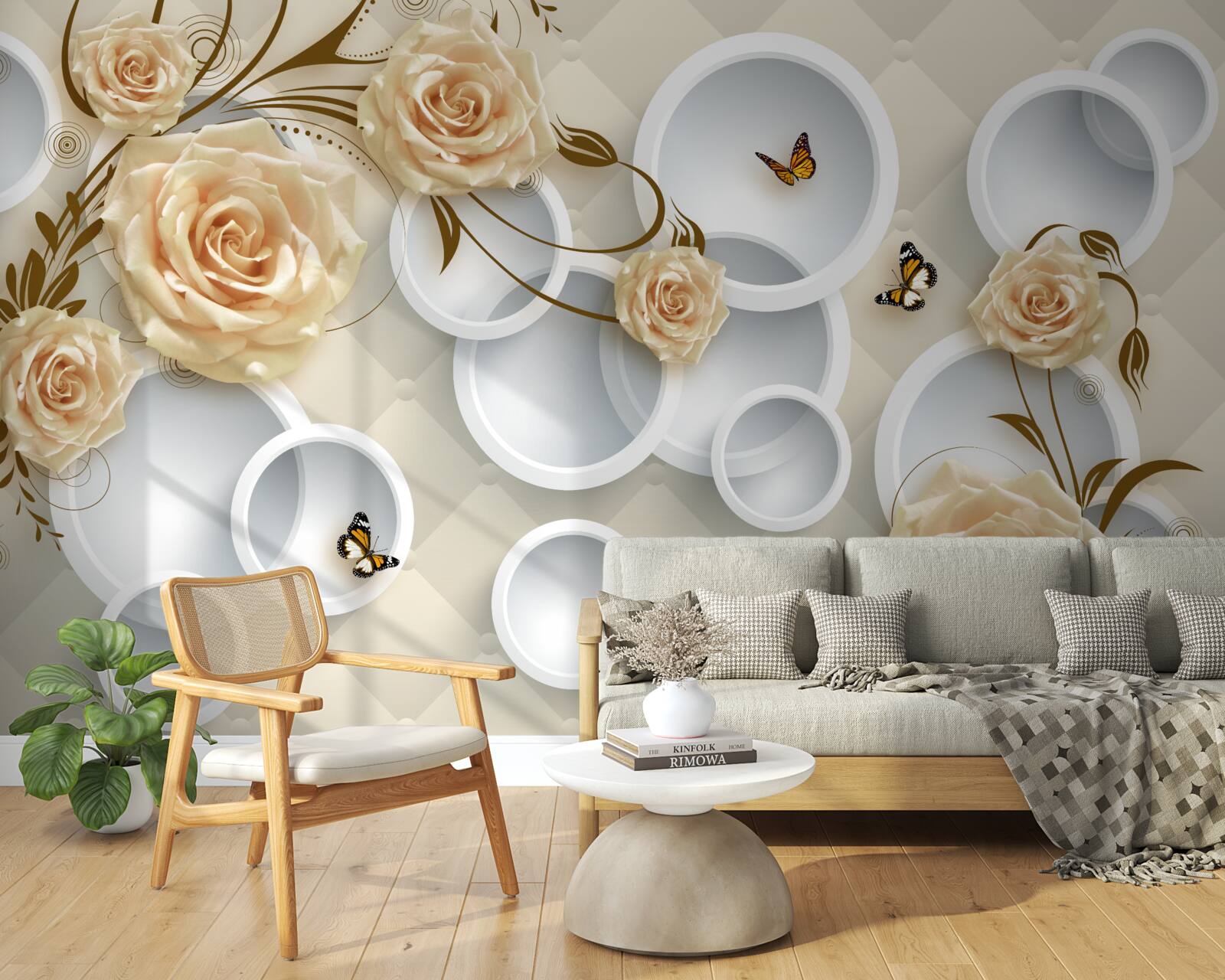 Papier peint brindilles en bronze rose avec décoration fantaisie en or