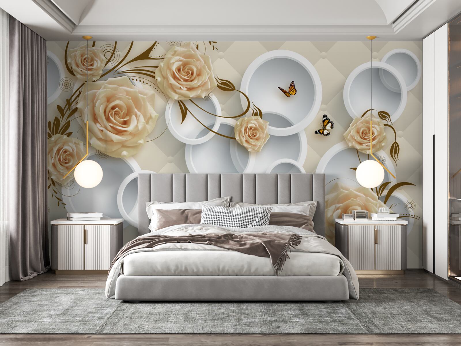 Papier peint brindilles en bronze rose avec décoration fantaisie en or