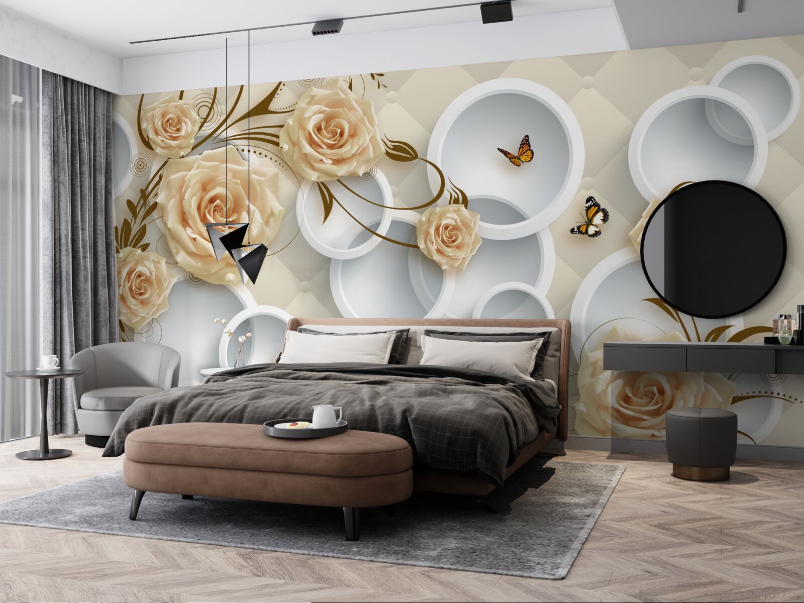 Papier peint brindilles en bronze rose avec décoration fantaisie en or