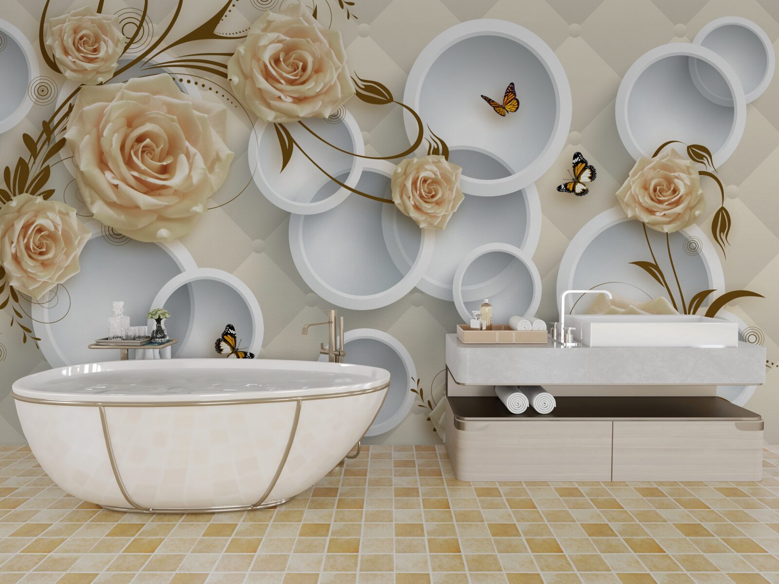 Papier peint brindilles en bronze rose avec décoration fantaisie en or