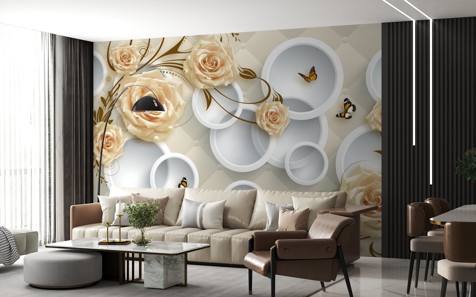 Papier peint brindilles en bronze rose avec décoration fantaisie en or