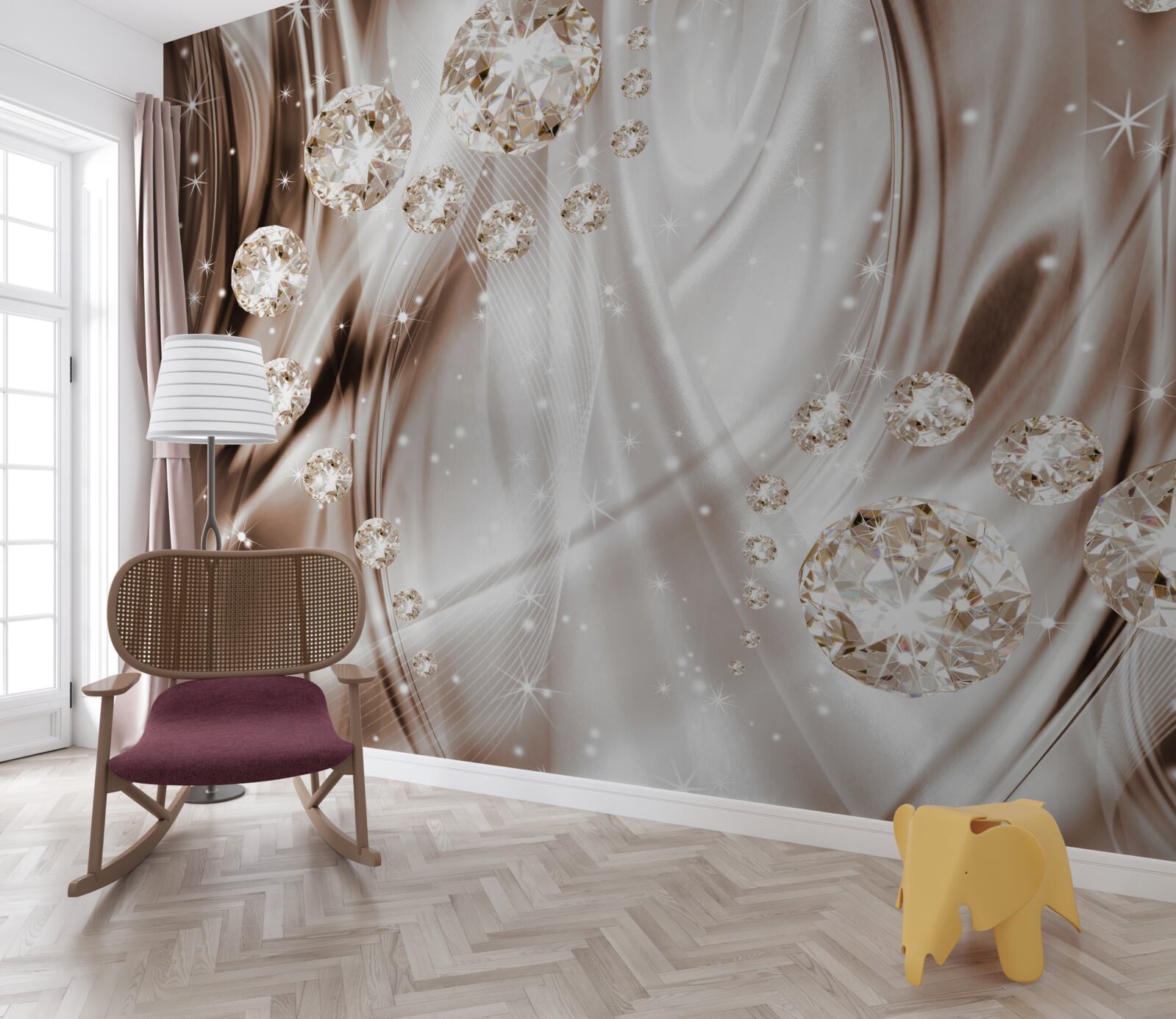 Papier peint soie brune avec accessoires dorés