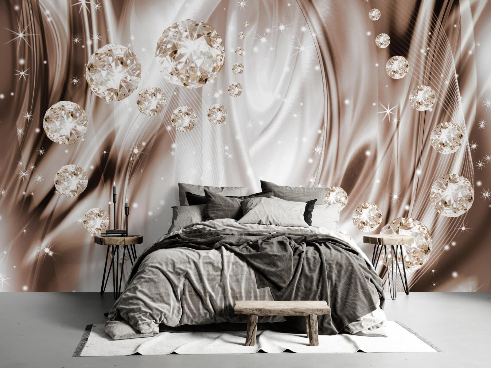 Papier peint soie brune avec accessoires dorés