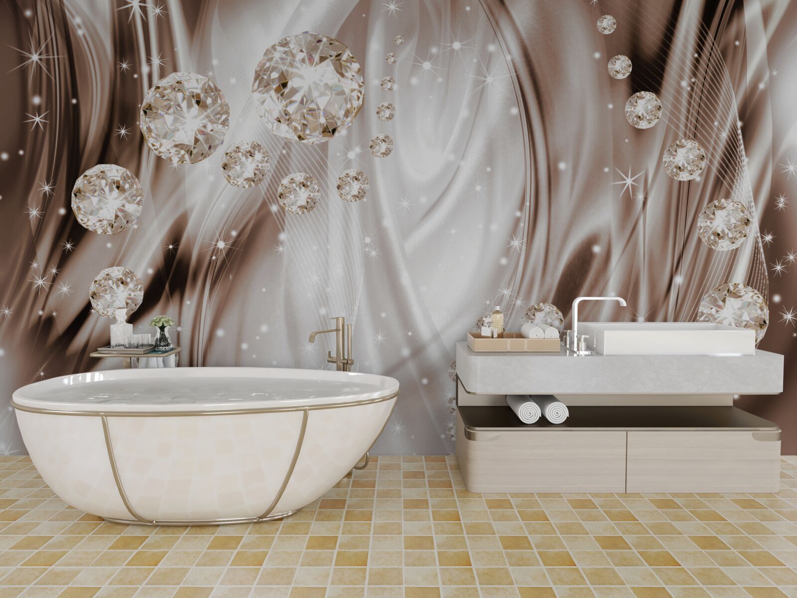 Papier peint soie brune avec accessoires dorés