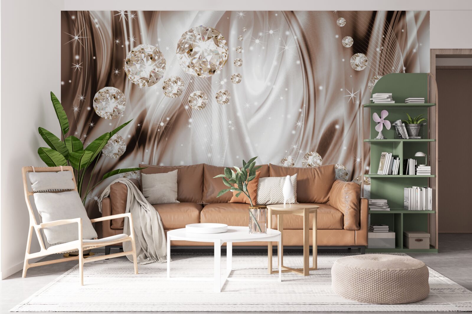 Papier peint soie brune avec accessoires dorés