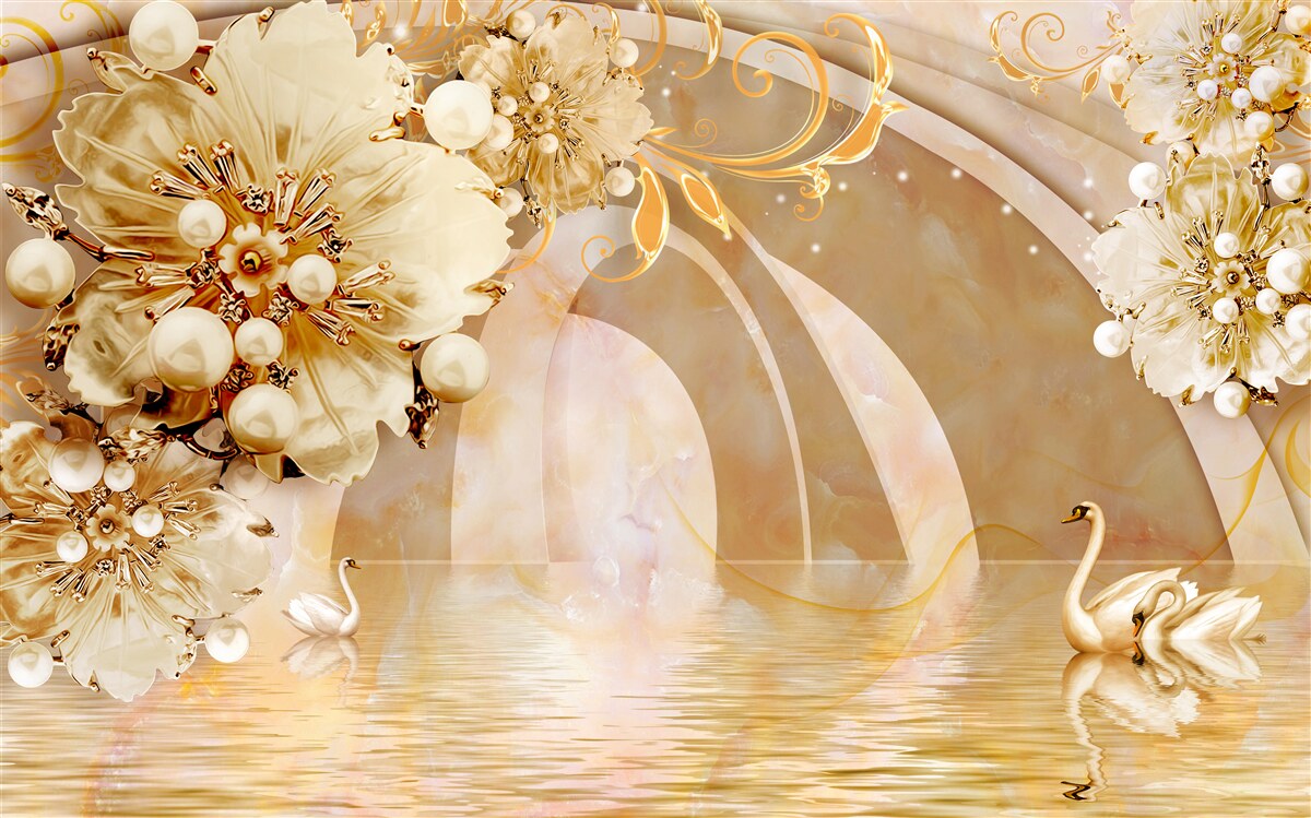 Papier peint un lac scintillant d'or, dans lequel nagent des cygnes et poussent des fleurs