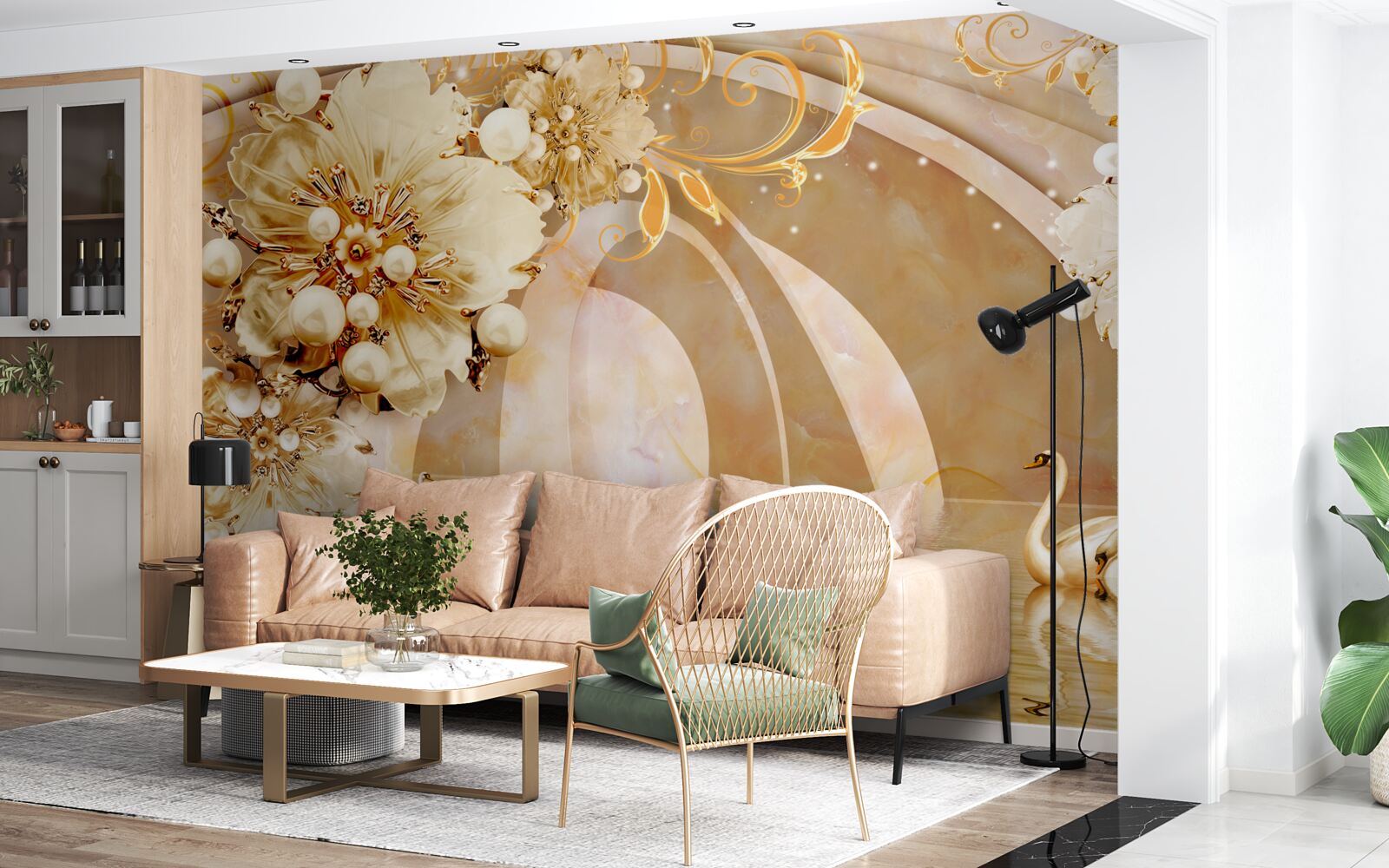 Papier peint un lac scintillant d'or, dans lequel nagent des cygnes et poussent des fleurs