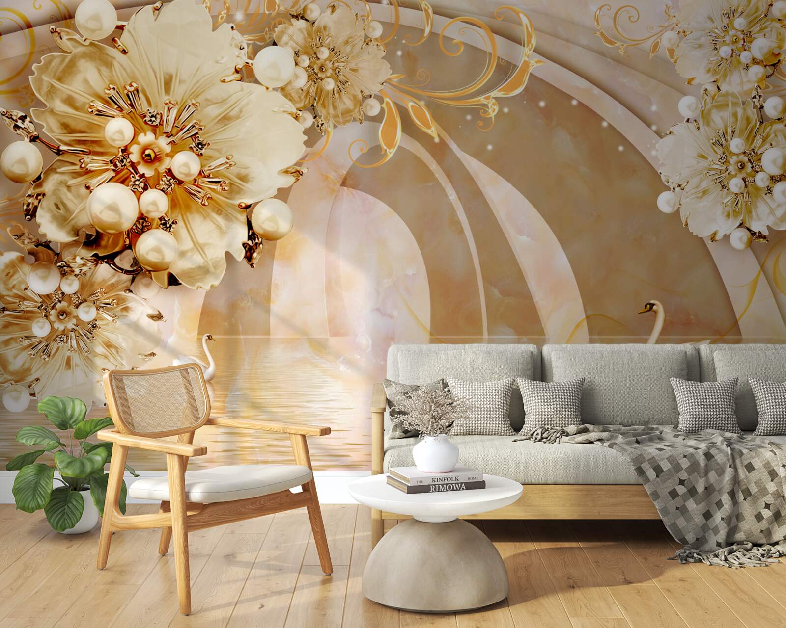 Papier peint un lac scintillant d'or, dans lequel nagent des cygnes et poussent des fleurs