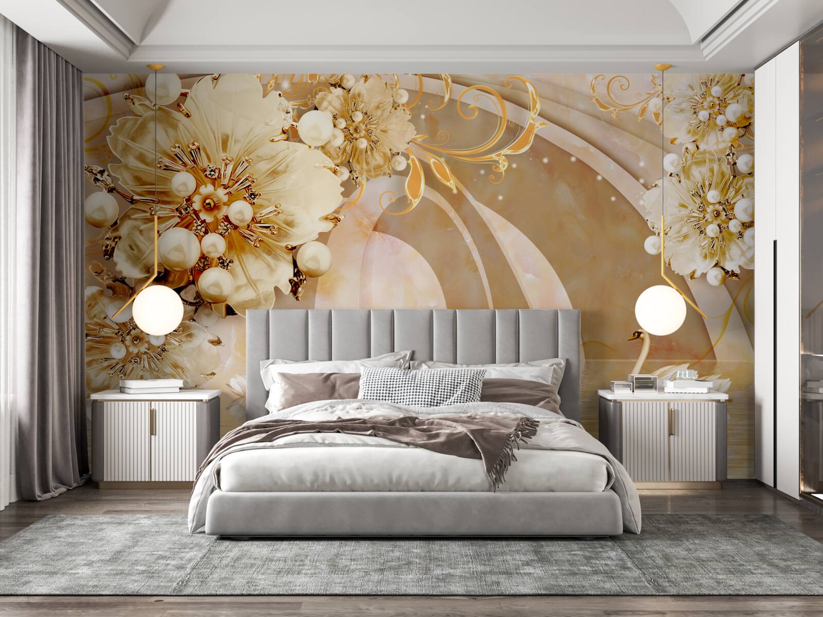 Papier peint un lac scintillant d'or, dans lequel nagent des cygnes et poussent des fleurs